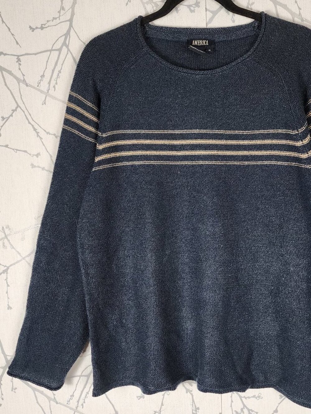 America Blue Gold Stripe Ramie Cotton Blend Knit Round Neck Sweater